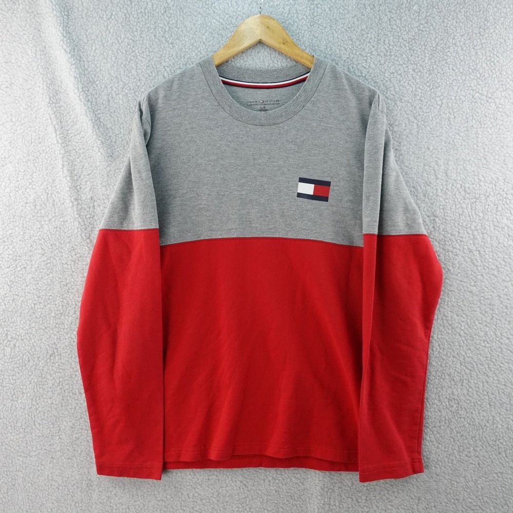 Tommy Hilfiger Mens L Gray Red Color Block Long Sleeve Crew Neck T-Shirt‎ Y2K